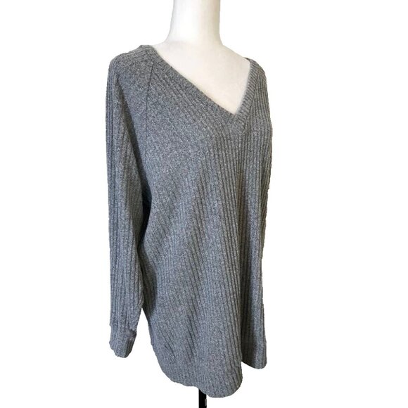 WILFRED FREE Raglan Sleeve Ribbed Tunic Sweater Dress Size Medium Gray V-Neck - Picture 3 of 8